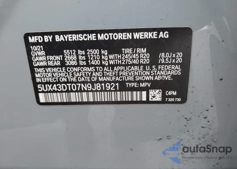 2022 BMW X4 M40I from USA, damaged, VIN 5UX43DT07N9J81921